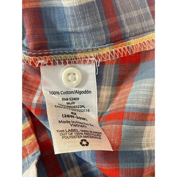 Terra & Sky Plus 4X Short Sleeve Plaid Ruffle Blouse Red Blue Cotton Top NWT - Picture 9 of 15